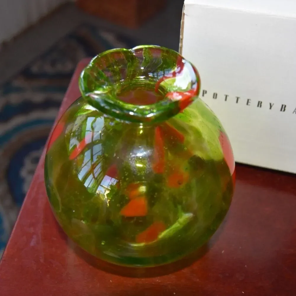 Pottery Barn Hand Blown Art Glass Bud Vase Green Red Polka Dot Ruffled 5”